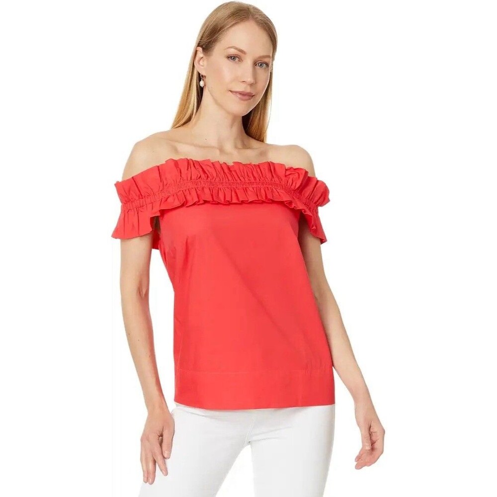 NWT Lilly Pulitzer Brennalee Off-the-Shoulder Ruffle Top Sz L Mizner Red Cotton